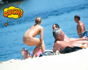 Five Nudists Gathered on a Sunny Riverbank Beach