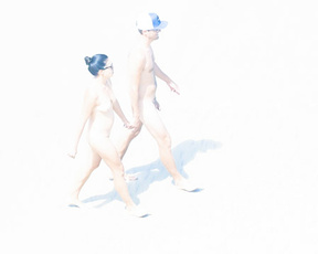 Two Naturists Setting Up Beneath a Striped Beach Umbrella