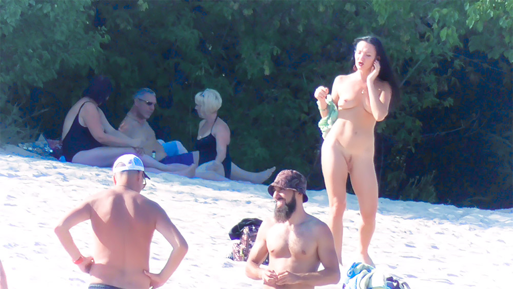 Three Nudists on Sand with a Camo Bucket Hat