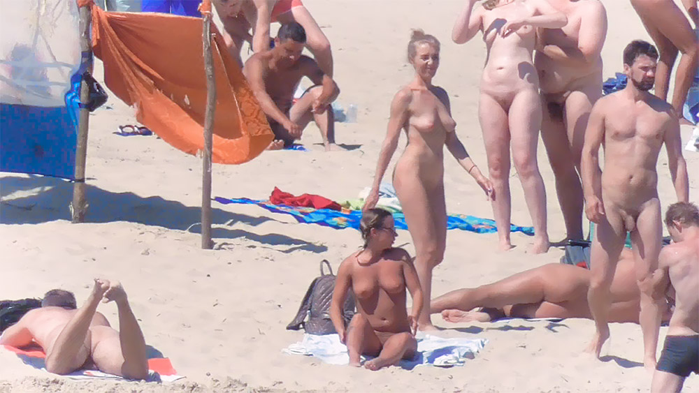 Seven Nudists Around Spread Towels on a Nude Beach