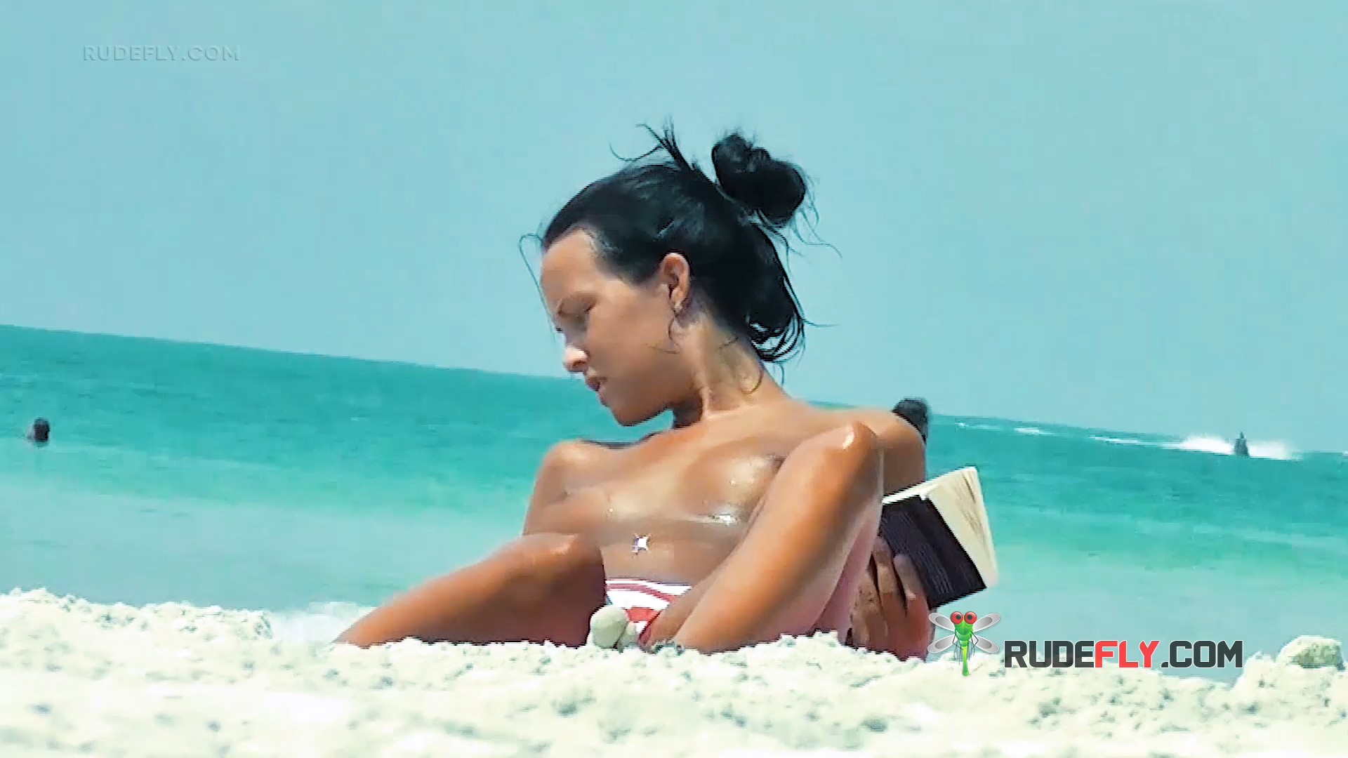 Turquoise Shoreline Topless Beach Day with Bikini Bottoms
