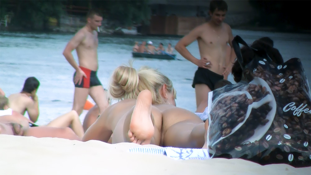 Nude Beach Towel with Two Blonde Sunbathers Up Close