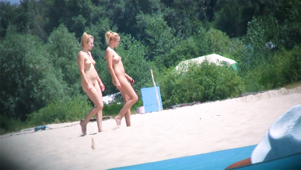 Two Nudists Strolling Along a Sandy Shoreline