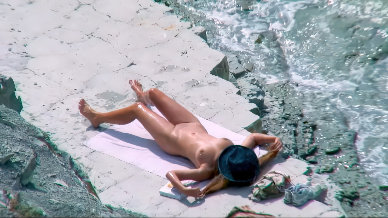 Rocky nude beach sunbather resting on a towel beside turquoise water